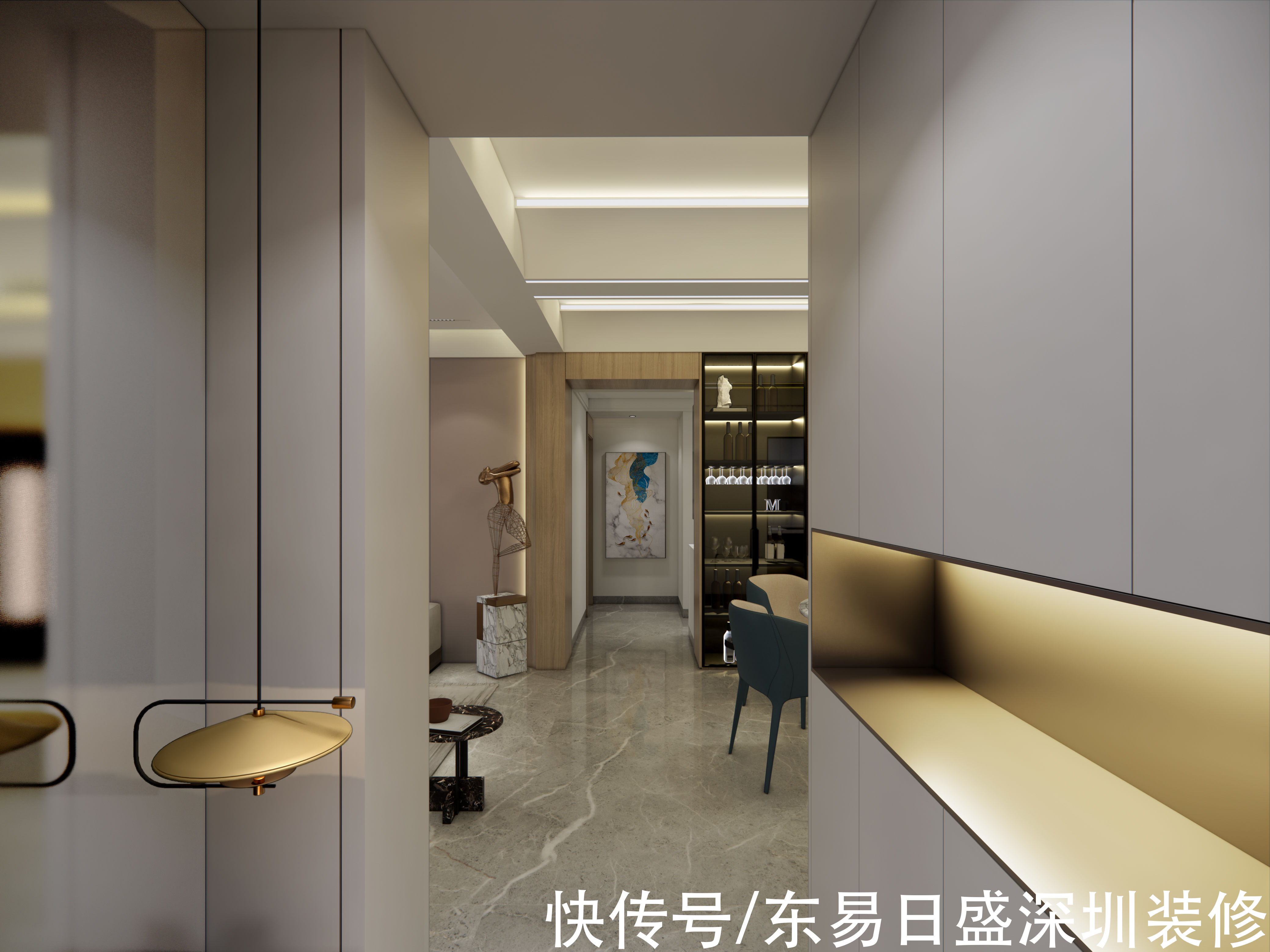 装修|深圳装修：110㎡自建房现代风，客厅整面书柜，电视藏于移门后