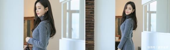 孙允珠高清美图:麻纹高领蓝灰色甜美针织裙!
