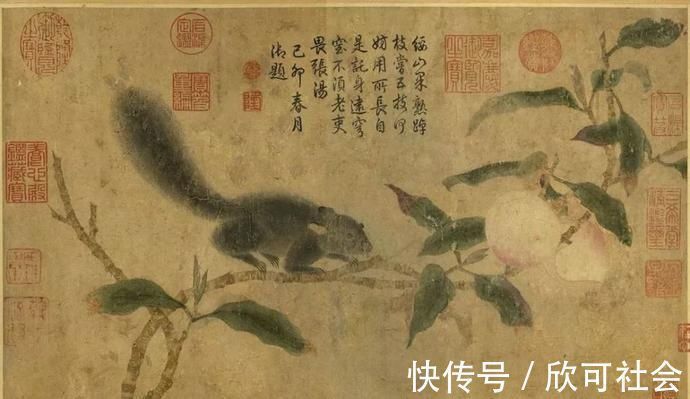 钱选桃枝松鼠卷#明代欧大任行书《钱选桃枝松鼠卷后跋》欣赏