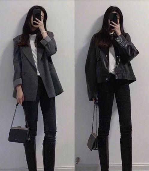 上下穿一身黑, 无论裙装还是裤装, 都能展现出早春气息