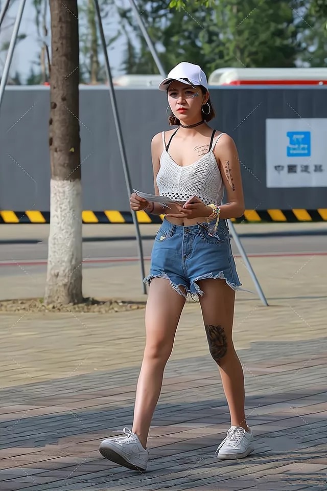 女孩子 白色短上衣搭配蓝色阔腿短裤,时髦靓丽,还很显瘦