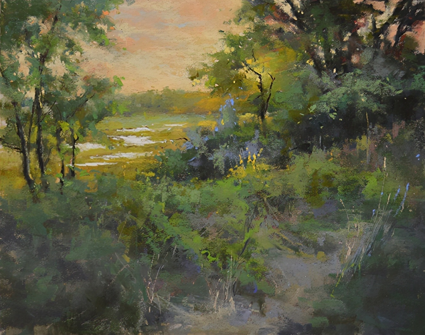 美国#美国艺术家阿奎尔柔和的风景油画,画里充满了阳光温馨美好