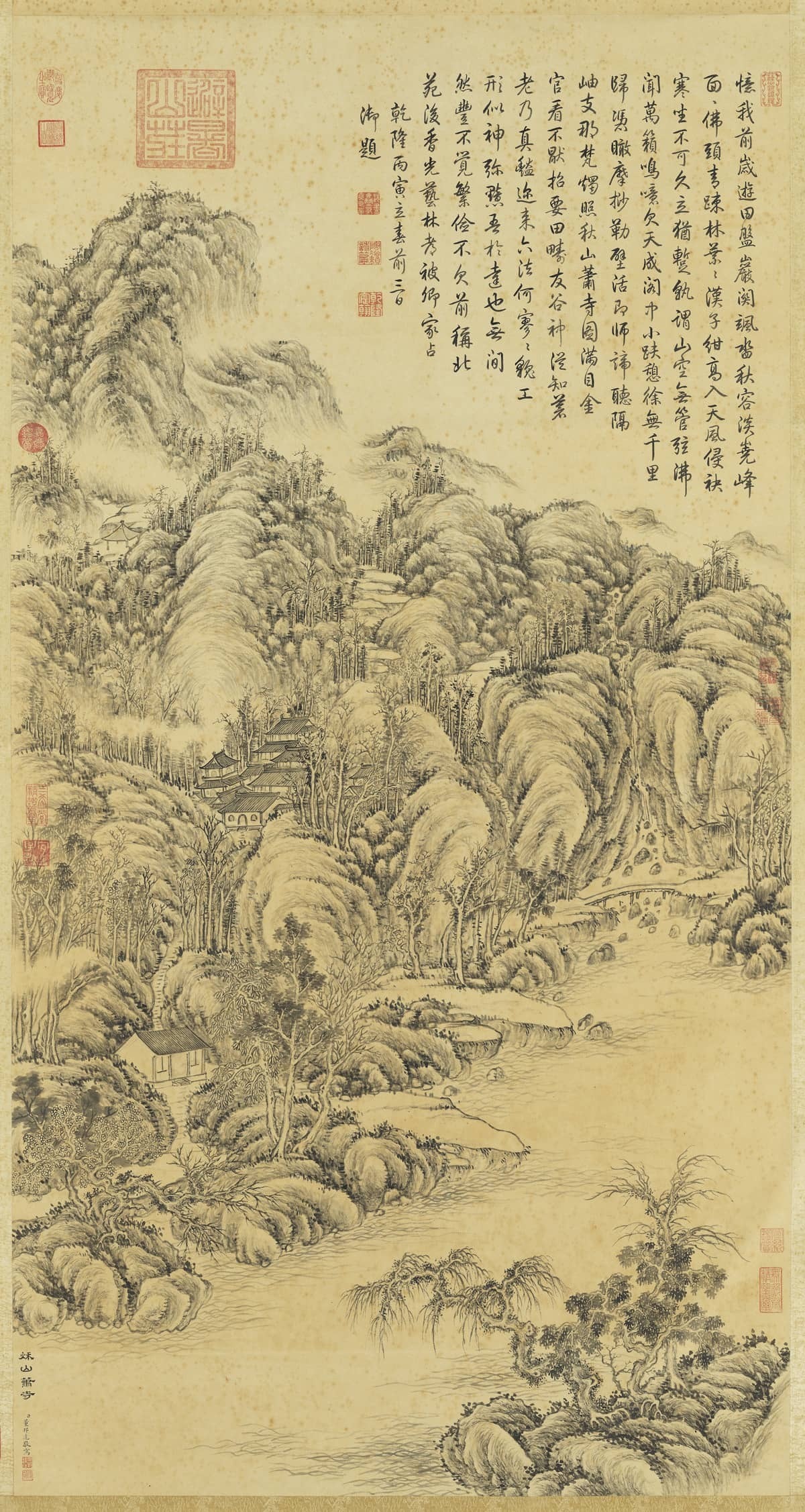 巨然@『名画记』董邦达《秋山萧寺轴》,毫素生辉,深得古人之法
