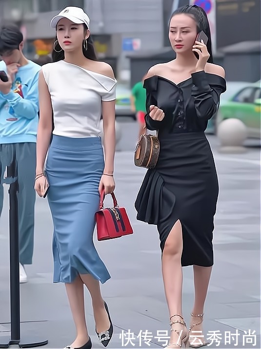 高腰一步裙搭配上斜肩衫,优雅又端庄,想不美都难