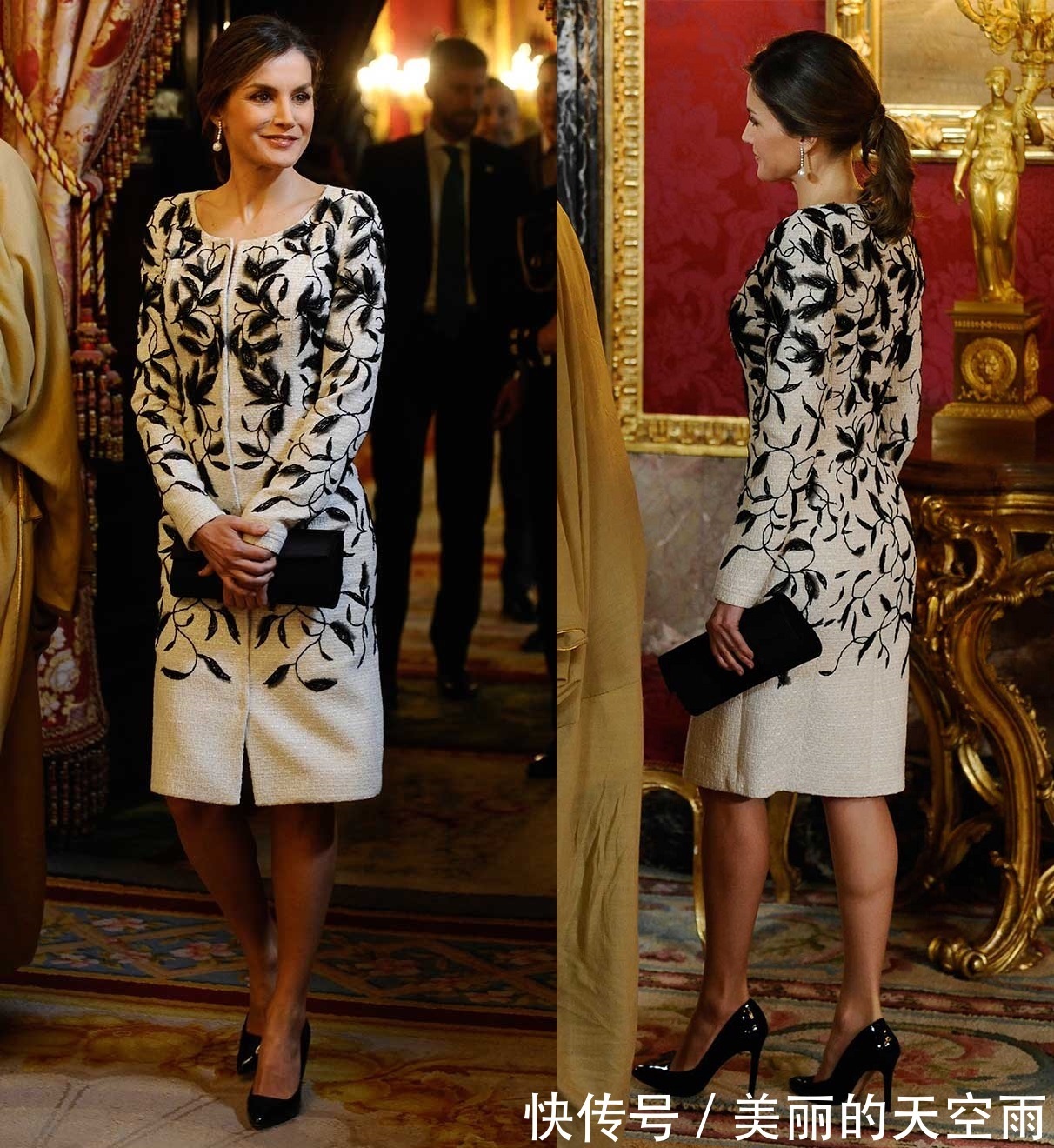 莱蒂齐亚王后 西班牙王后四次穿绣花大衣裙,换个发型搭配更贵气,太有范儿了!