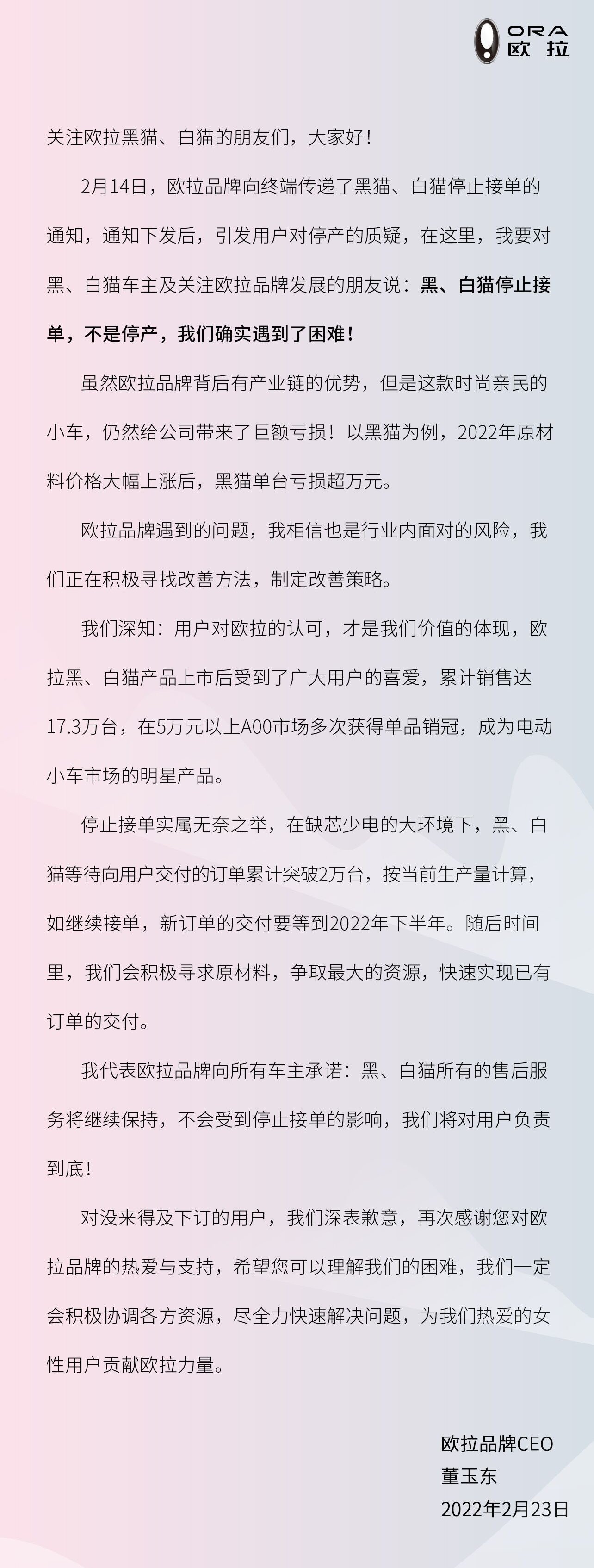 董玉东|长城汽车旗下欧拉品牌CEO董玉东：黑、白猫停止接单，不是停产