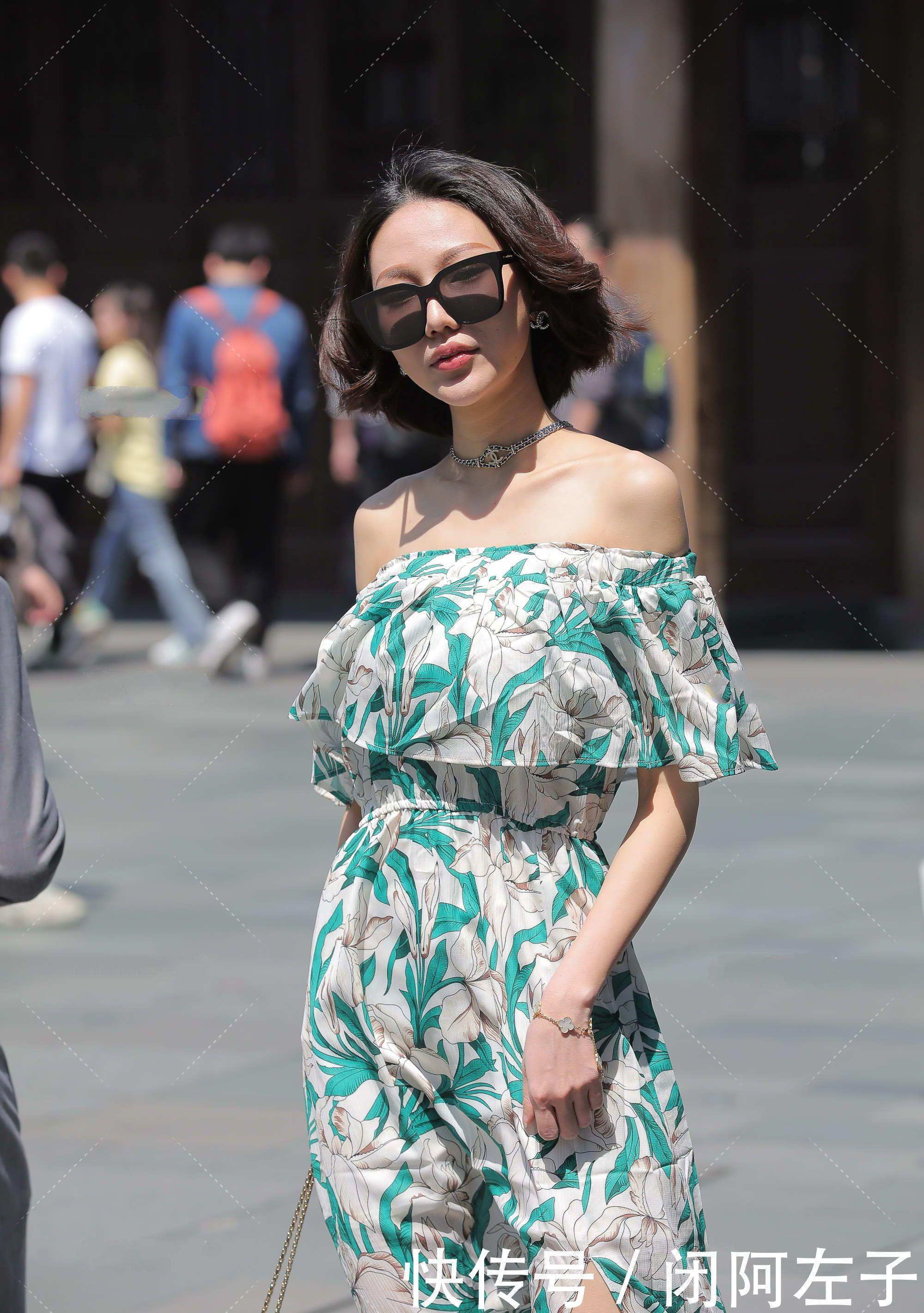 一字肩长款连衣裙，清爽舒适，高级时尚感