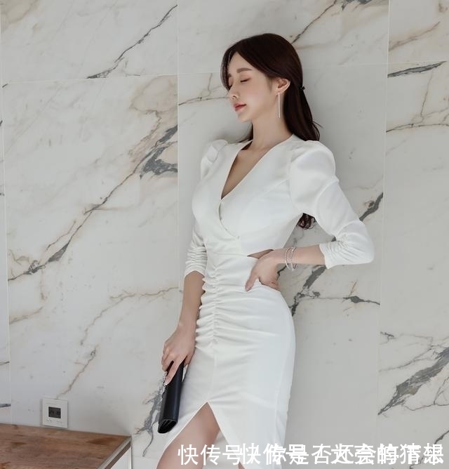 v领|孙允珠时尚穿搭:浪漫梨花皱褶搭肩V领不规则连衣裙