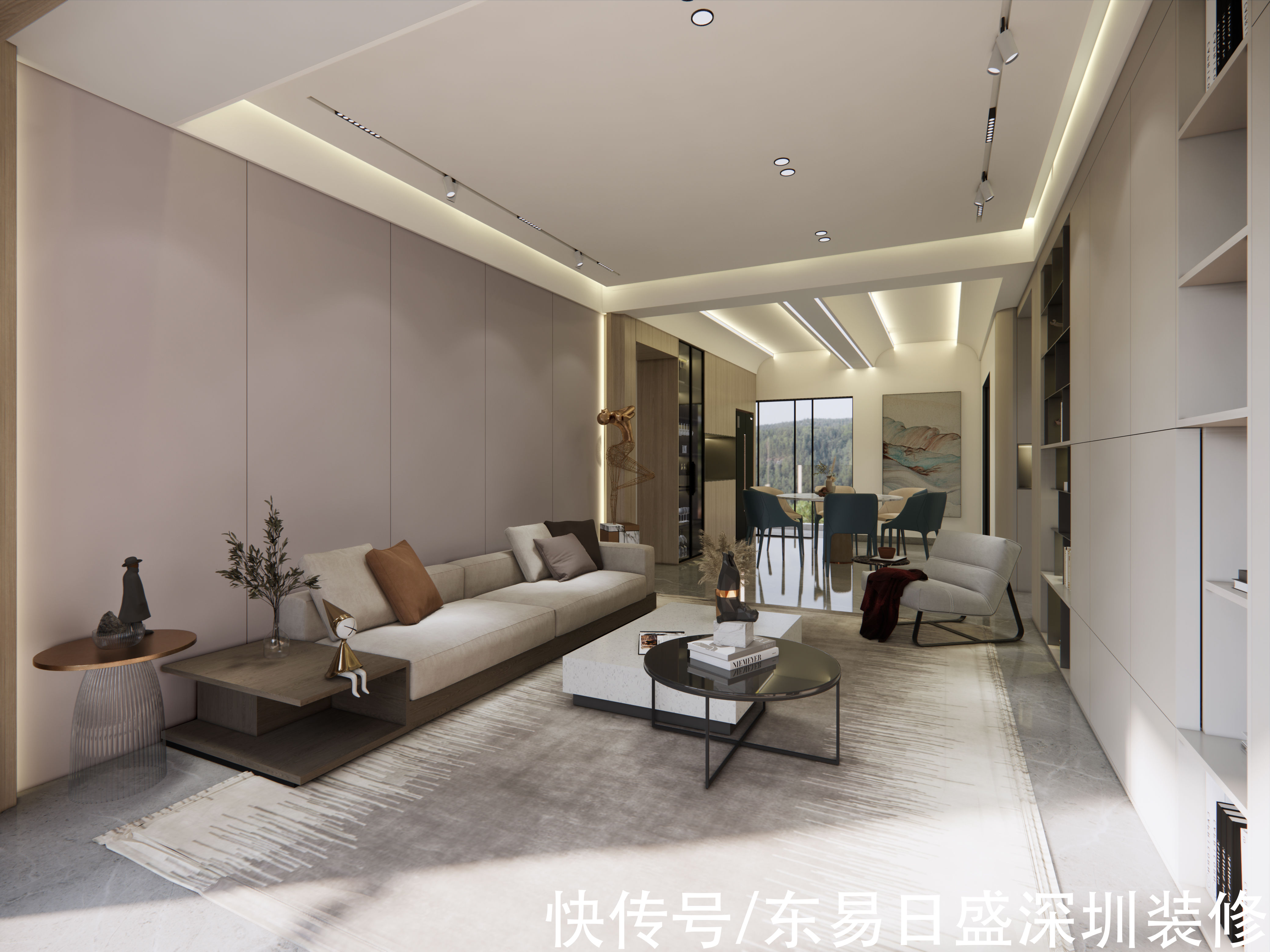 装修|深圳装修：110㎡自建房现代风，客厅整面书柜，电视藏于移门后