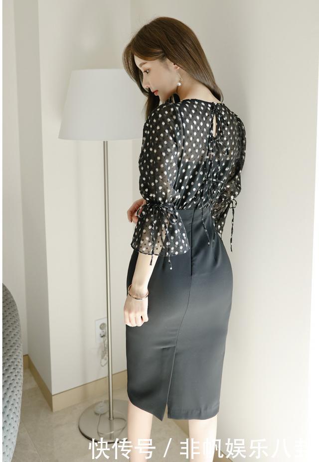 袖雪|黑纱波点V领七分袖雪纺衫,搭配竖纹包臀裙,展现孙允珠优雅气质