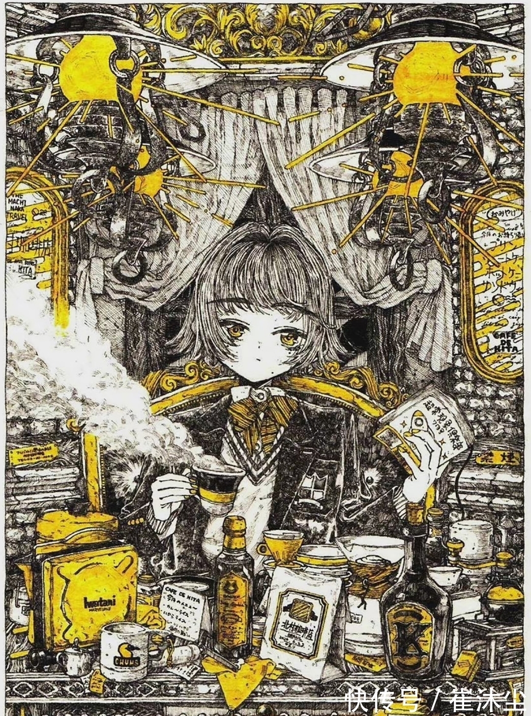 少女插画#线条感极强的少女插画，加一点黄色点缀非常的好看