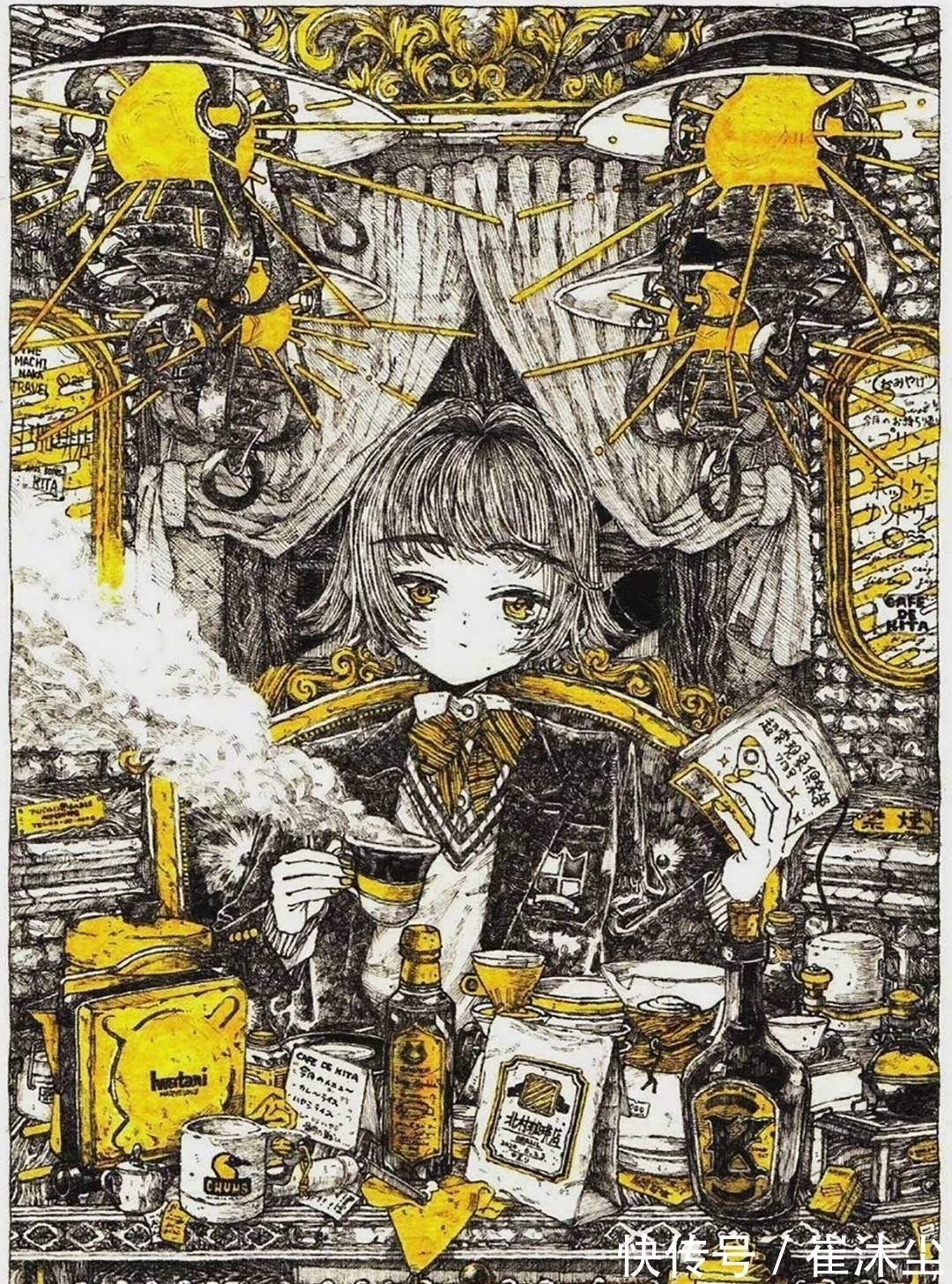 少女插画#线条感极强的少女插画,加一点黄色点缀非常的好看