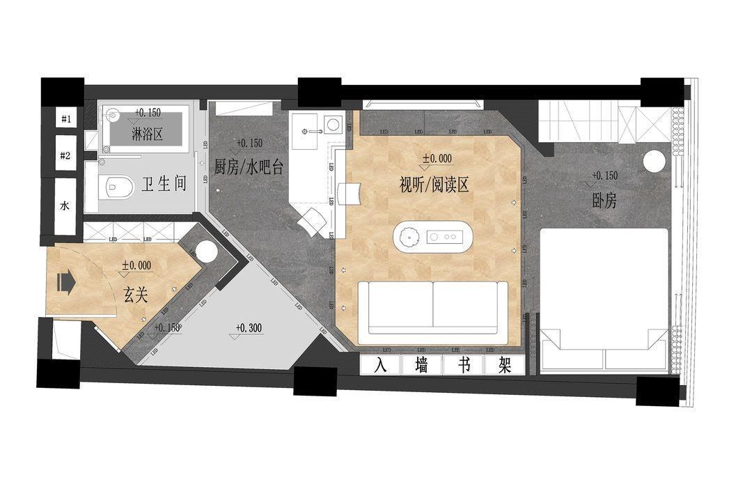 下沉式|44平单身公寓大改造,设置梯田式地台,改变户型走向超实用