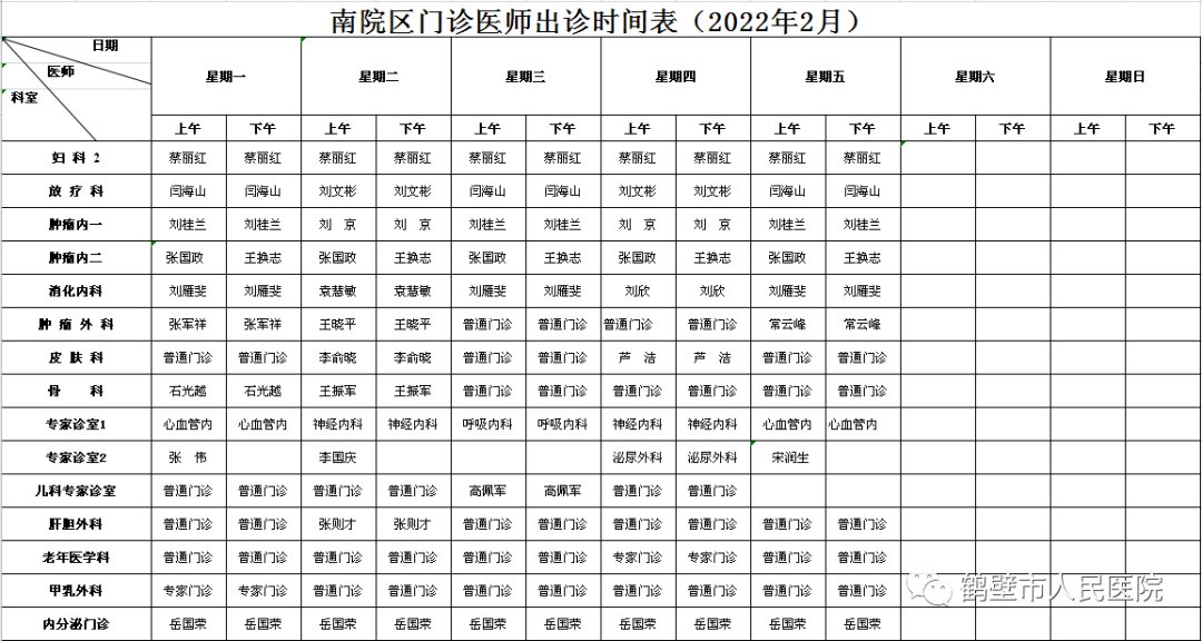 预约|鹤壁市人民医院2022年2月门诊医师出诊时间表