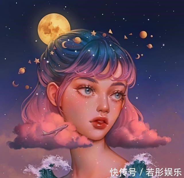 星星#“月亮星星”拟人化头发做云、手捧月，国外画师不一样的脑洞！