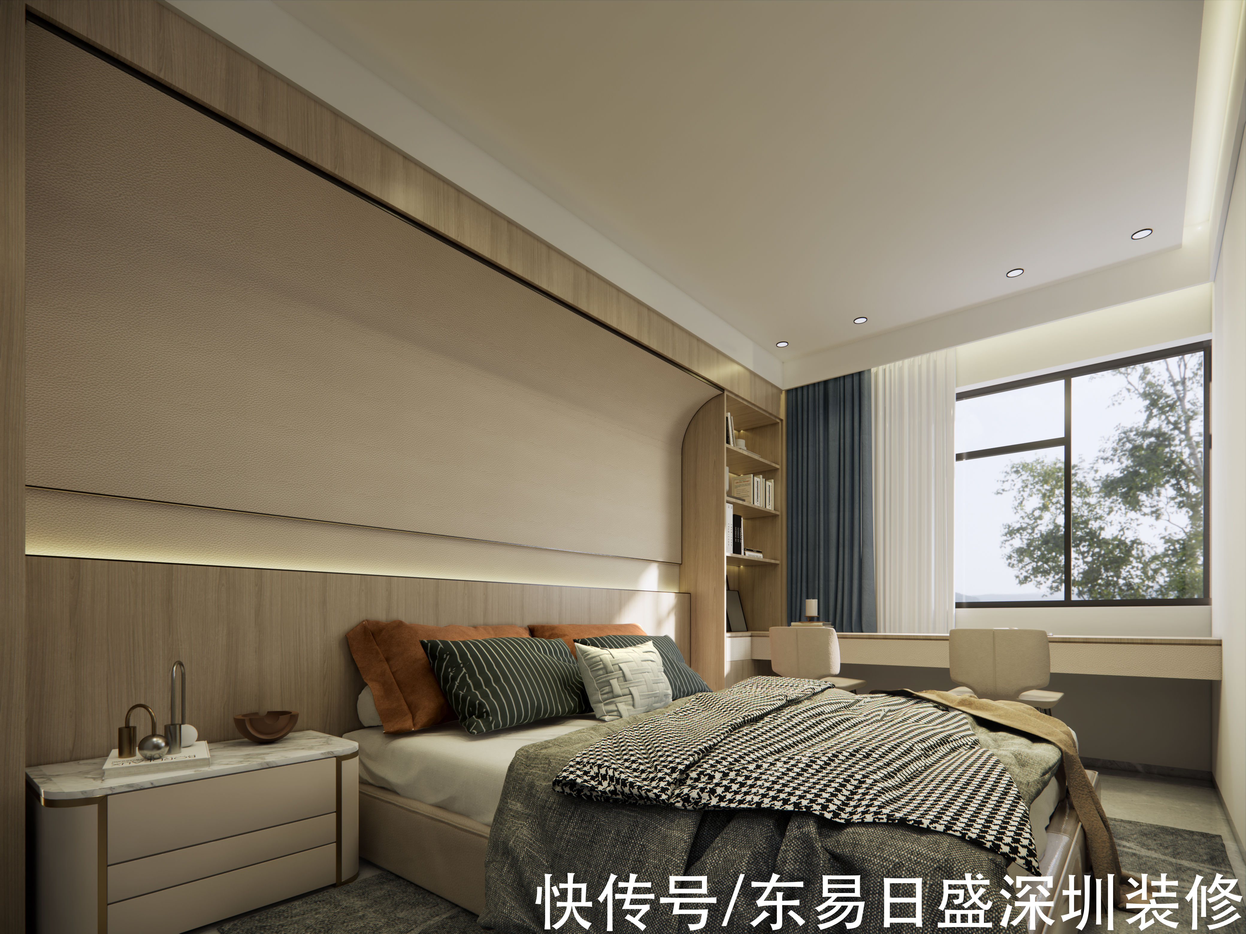 装修|深圳装修：110㎡自建房现代风，客厅整面书柜，电视藏于移门后