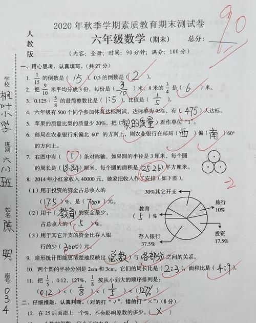 六年级数学上册期末卷，学生只考90分，细心一些还可以多考几分