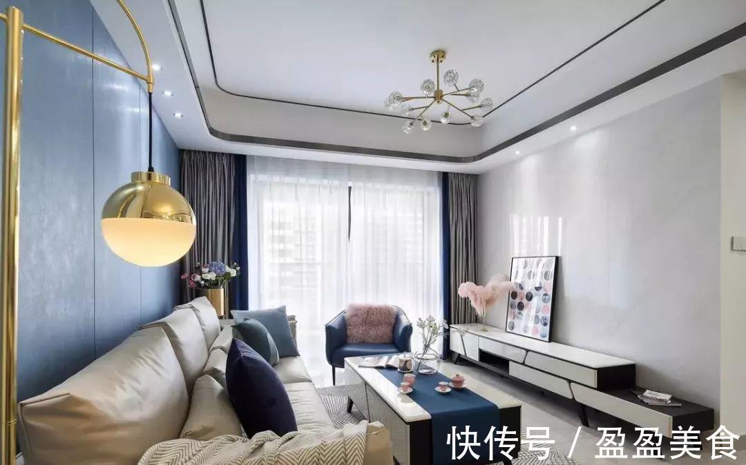 电视背景墙|125平三居室,入户和餐厅的收纳柜好能装,蓝色背景墙也超惊艳