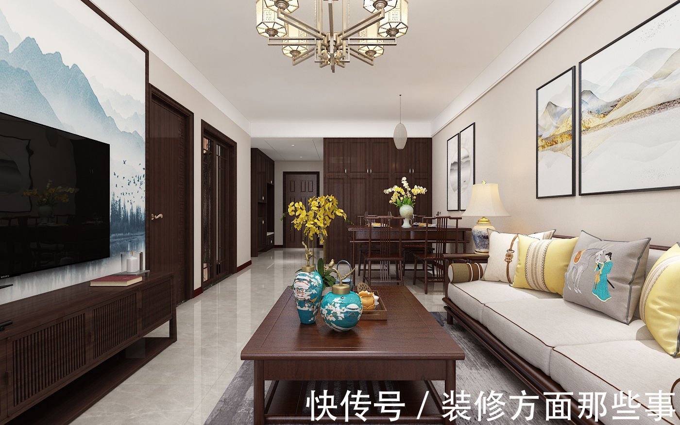 中式风格|95平中式风二居室,蓝色和黄色作对比,赋予空间表现力