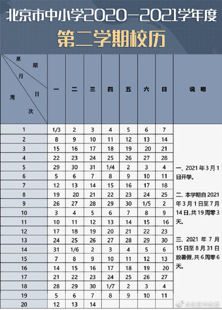 2021年北京中小学春季学期有多长