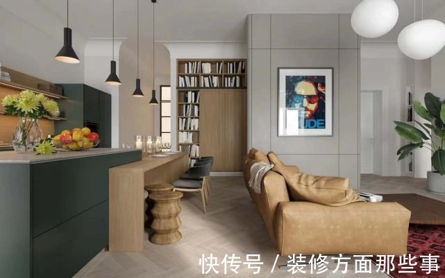 吊顶|124平原木色与绿色搭配的橱柜，是客厅一道亮丽的风景线