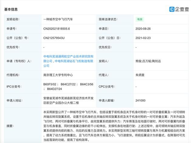 采用电池驱动 中国电子科技集团子公司公开飞行汽车专利