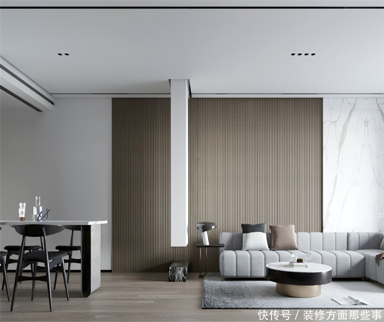 装修|87平简约风二居室,深灰色的木纹肌里诉说着年轮和岁月