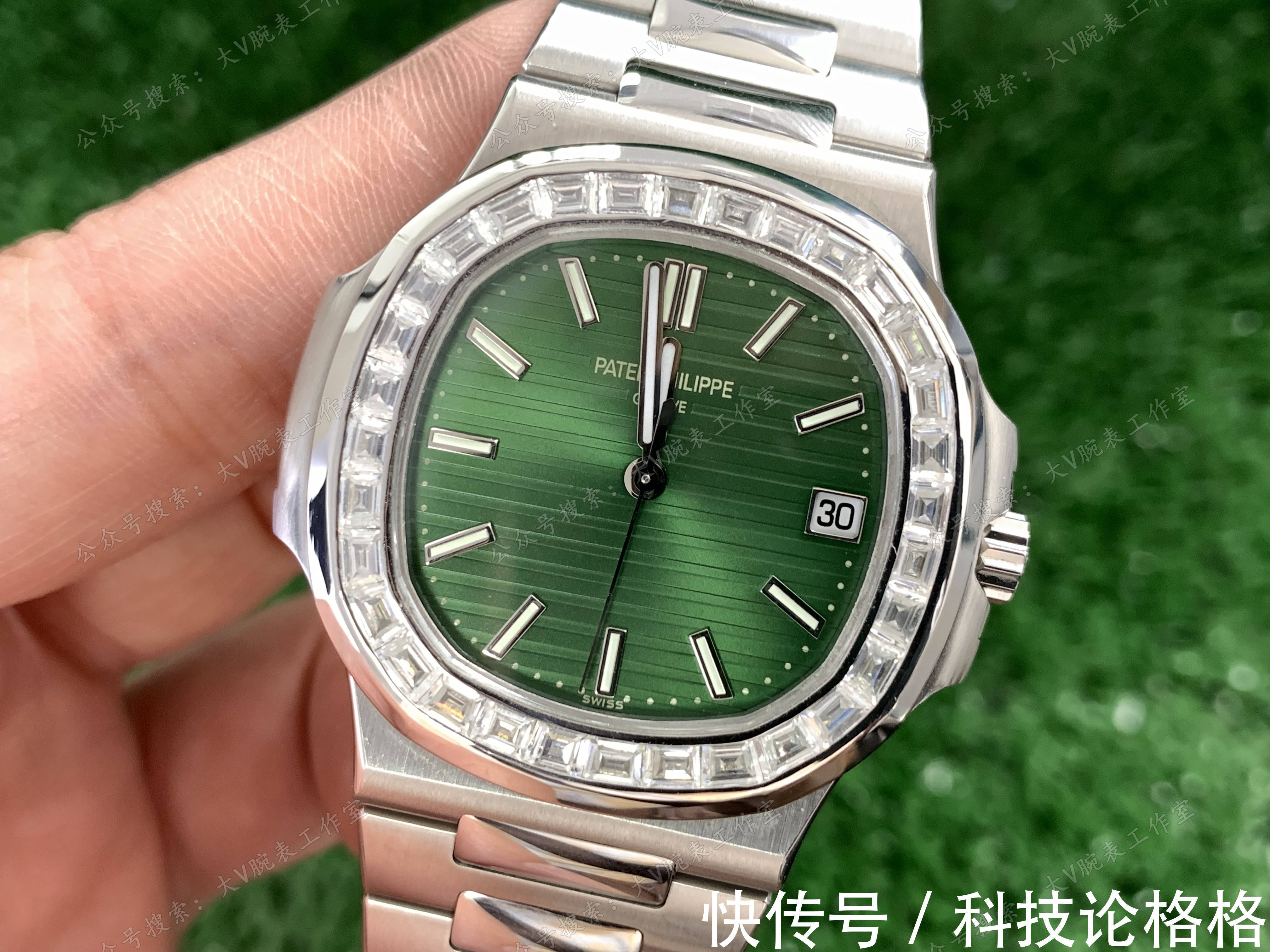 镶钻 橄榄绿色盘面鹦鹉螺改装后镶钻圈口,鹦鹉螺5711绿面无损改装后镶钻腕表!