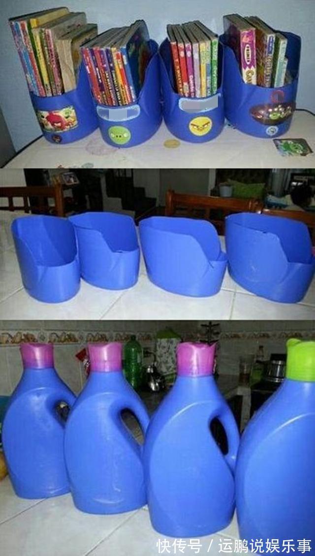攒6个塑洗衣液壶，剪掉一半给孩子当书架，邻居都说要回家跟着学