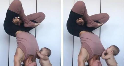 瑜伽|宝妈做瑜伽倒立，宝宝赶来“吃奶”，接下来动作逗笑网友：饿坏了