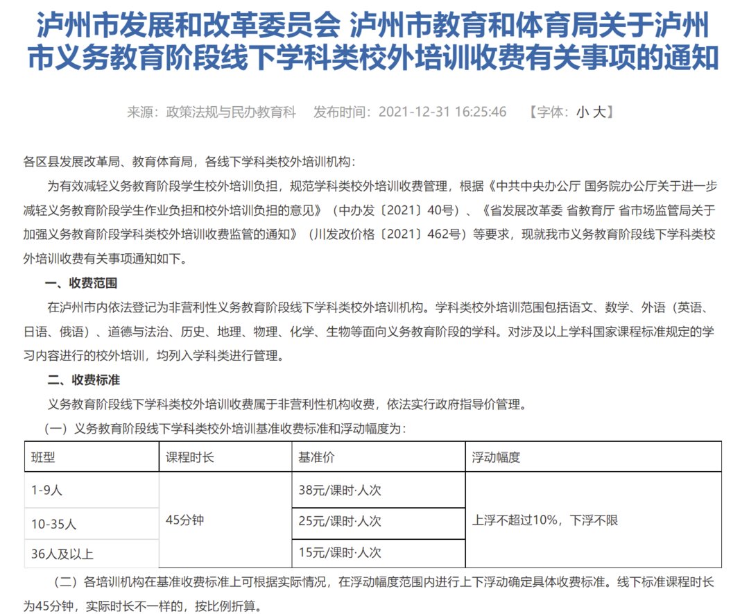 泸州|每课时15元-38元！四川泸州义务教育段学科培训收费标准出炉