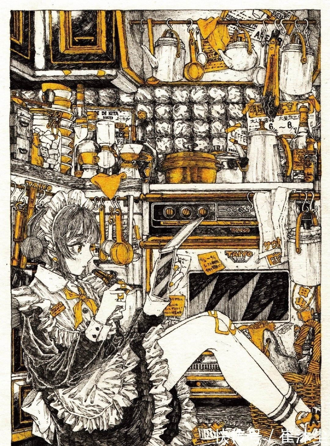 少女插画#线条感极强的少女插画,加一点黄色点缀非常的好看