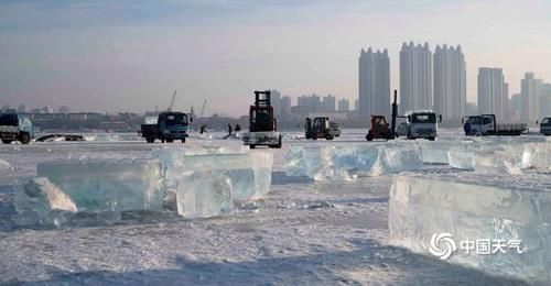 冰雪美景制造者 哈尔滨松花江上的采冰人