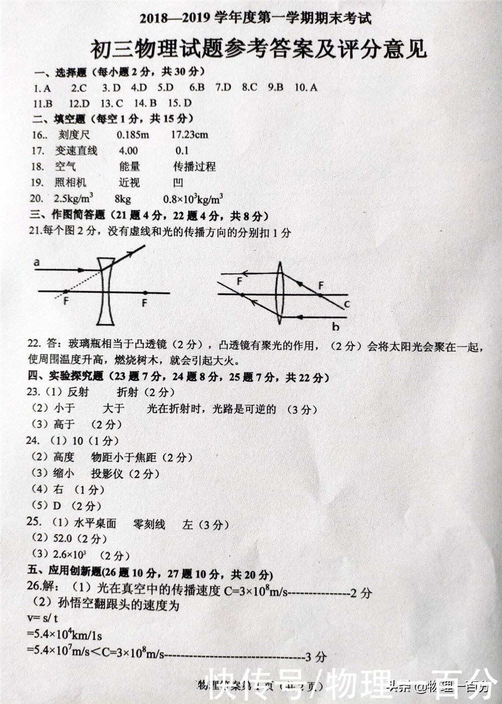 初二物理期末试题，有答案！试试能否考95分以上？