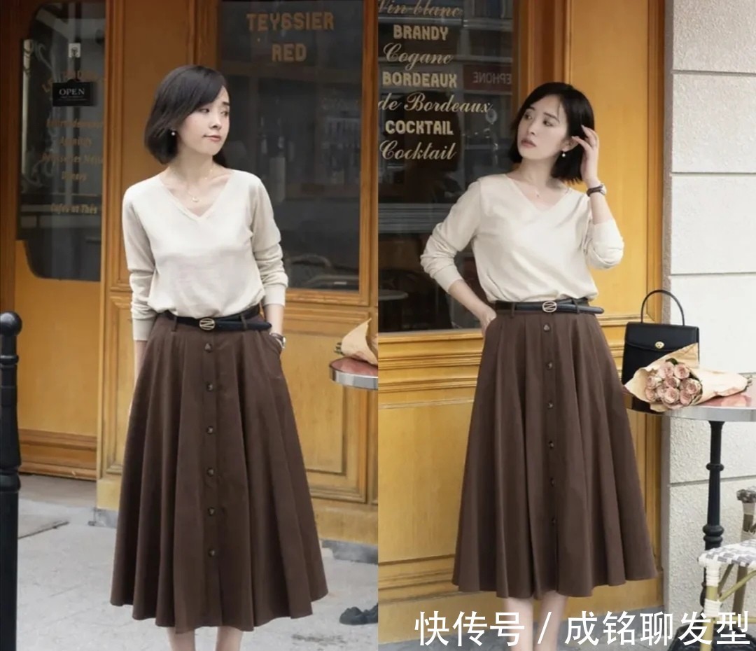 巧克力色|秋季有一种穿搭叫“针织衫+半裙”,简单好看又舒服,优雅又舒服