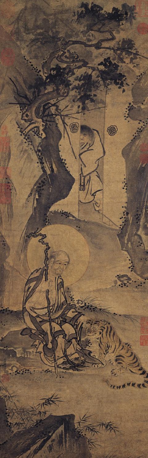 老虎&700年前的古画，疑似出现穿越中的老虎，画中老人表情更奇怪