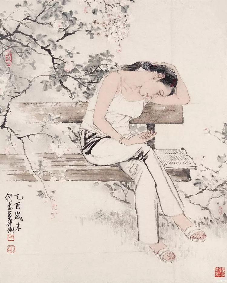 工笔画|国画:何家英画笔下的怜怜女儿态,不同寻常的美感!