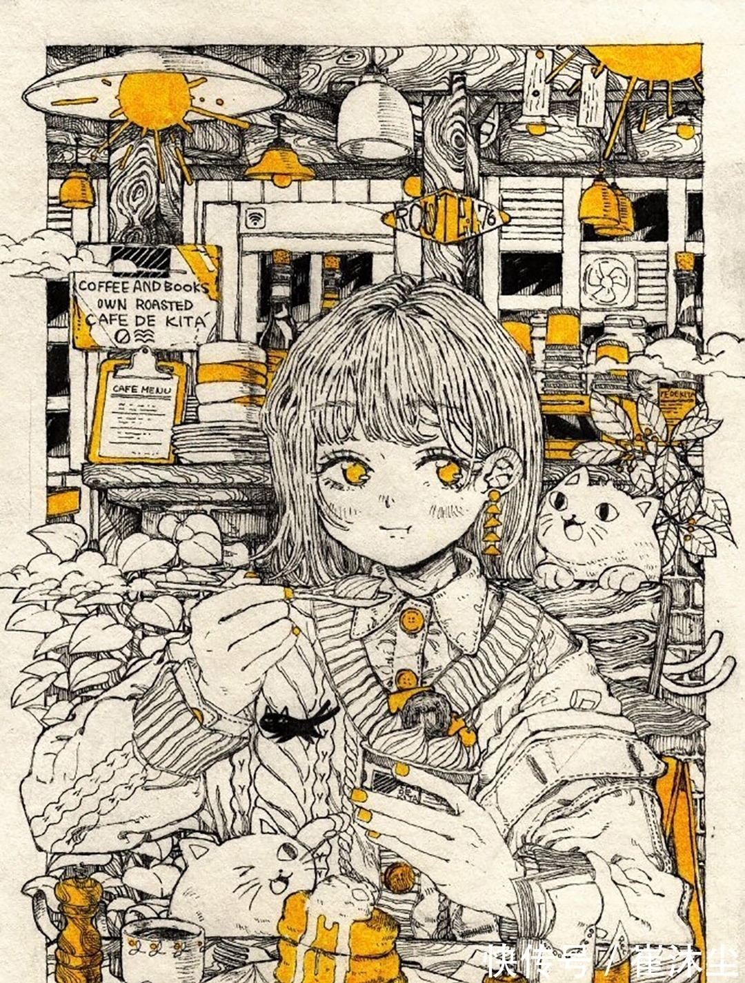 少女插画#线条感极强的少女插画,加一点黄色点缀非常的好看