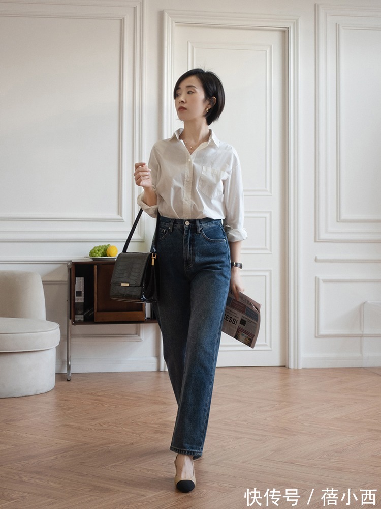 下图 春天还是穿衬衫、针织开衫最优雅,搭配阔腿裤、牛仔裤高级又时髦