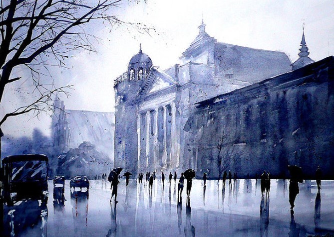 水彩画@波兰水彩画家拉法尔的街市景观画,耐看!