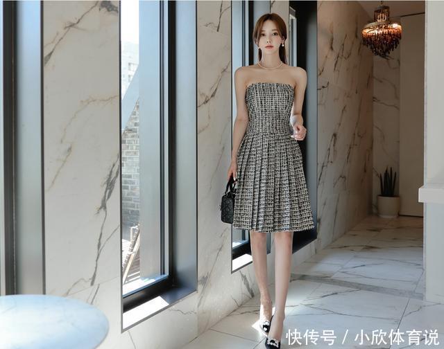 束腰|清凉穿搭孙允珠,棉麻灰白格子皱褶束腰抹胸裙