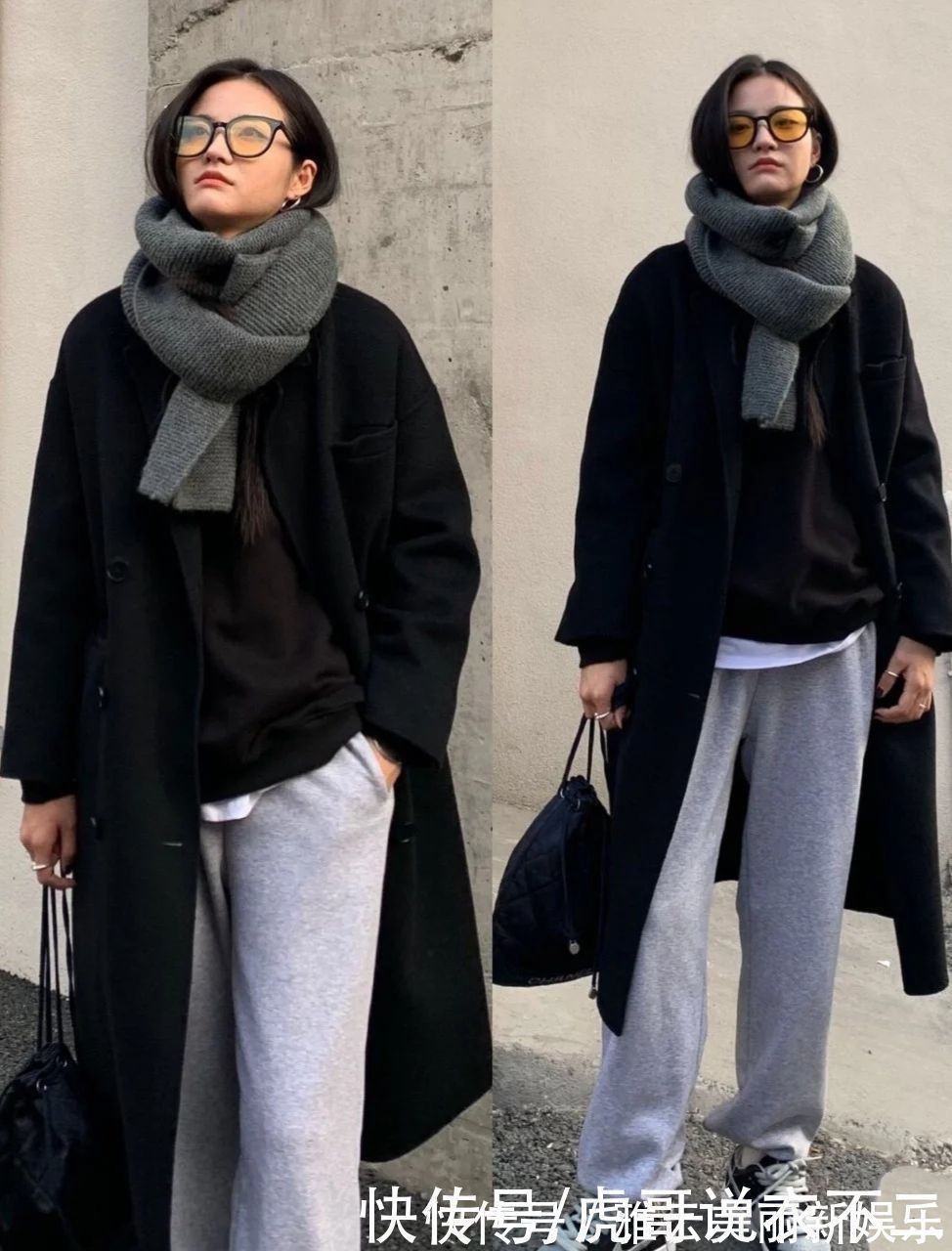 卫衣 大衣在配不在多,学韩国博主一衣多穿,一件黑大衣一周穿搭不重复