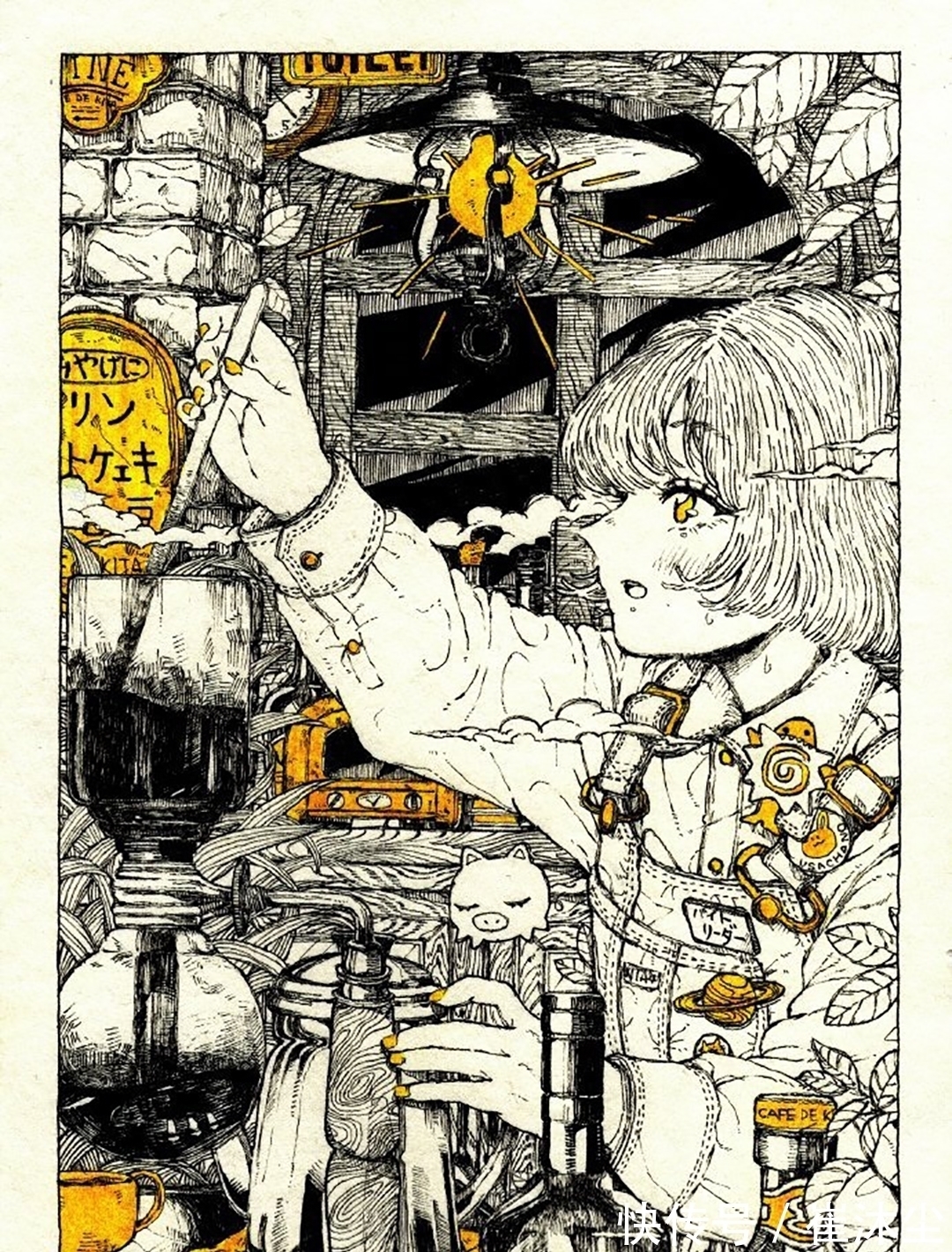 少女插画#线条感极强的少女插画,加一点黄色点缀非常的好看