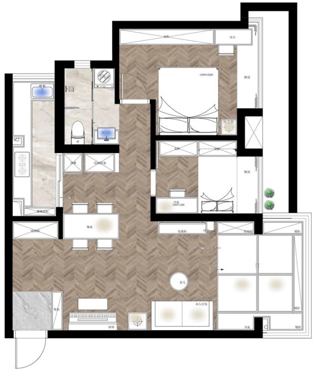 四分离|80㎡小两房装修,阳台设计榻榻米,2.5㎡卫生间实现四分离