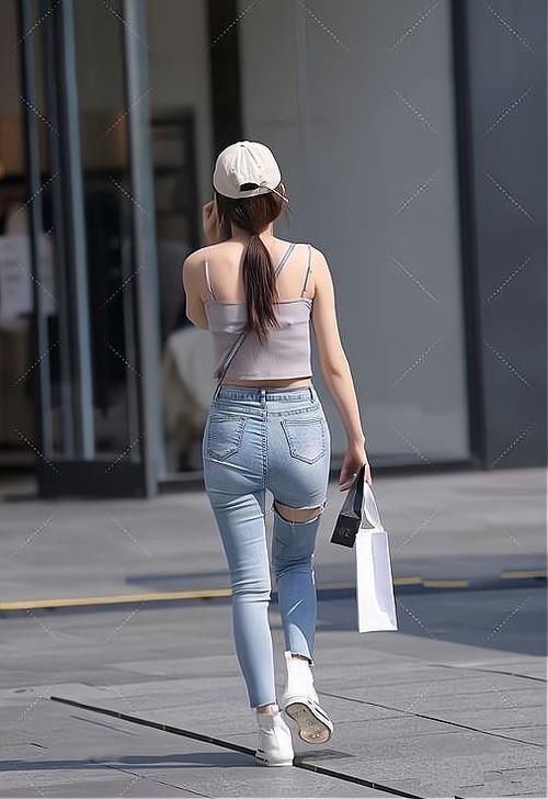 美女街拍：破洞牛仔裤与吊带背心的搭配虽然简约，但是时髦显瘦