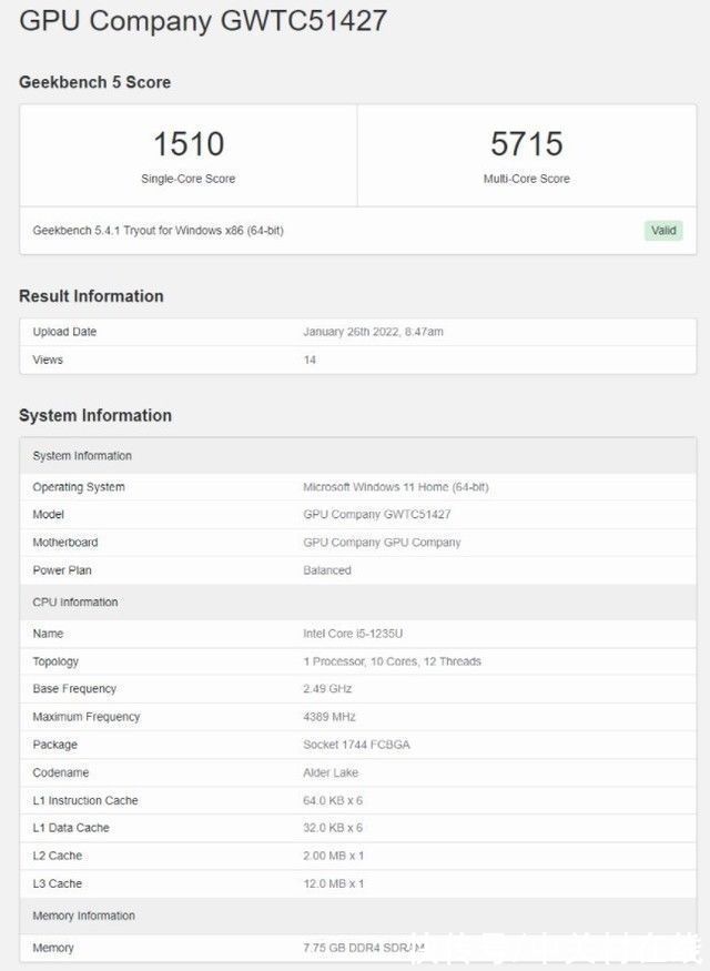 处理器|英特尔i5-1235U处理器跑分曝光：单核1510 分 2+8核架构