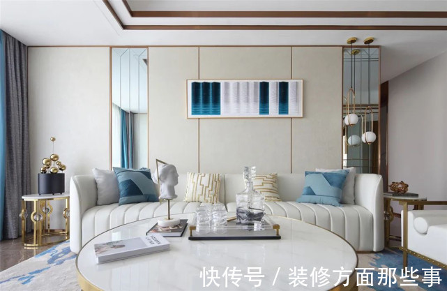 客餐厅|98平蓝色地中海风三居室,满足于三代同堂的生活需求