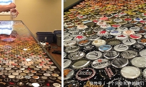 喝啤酒|男子用瓶盖制作了别致的吧台,坐在吧台上喝啤酒或用餐