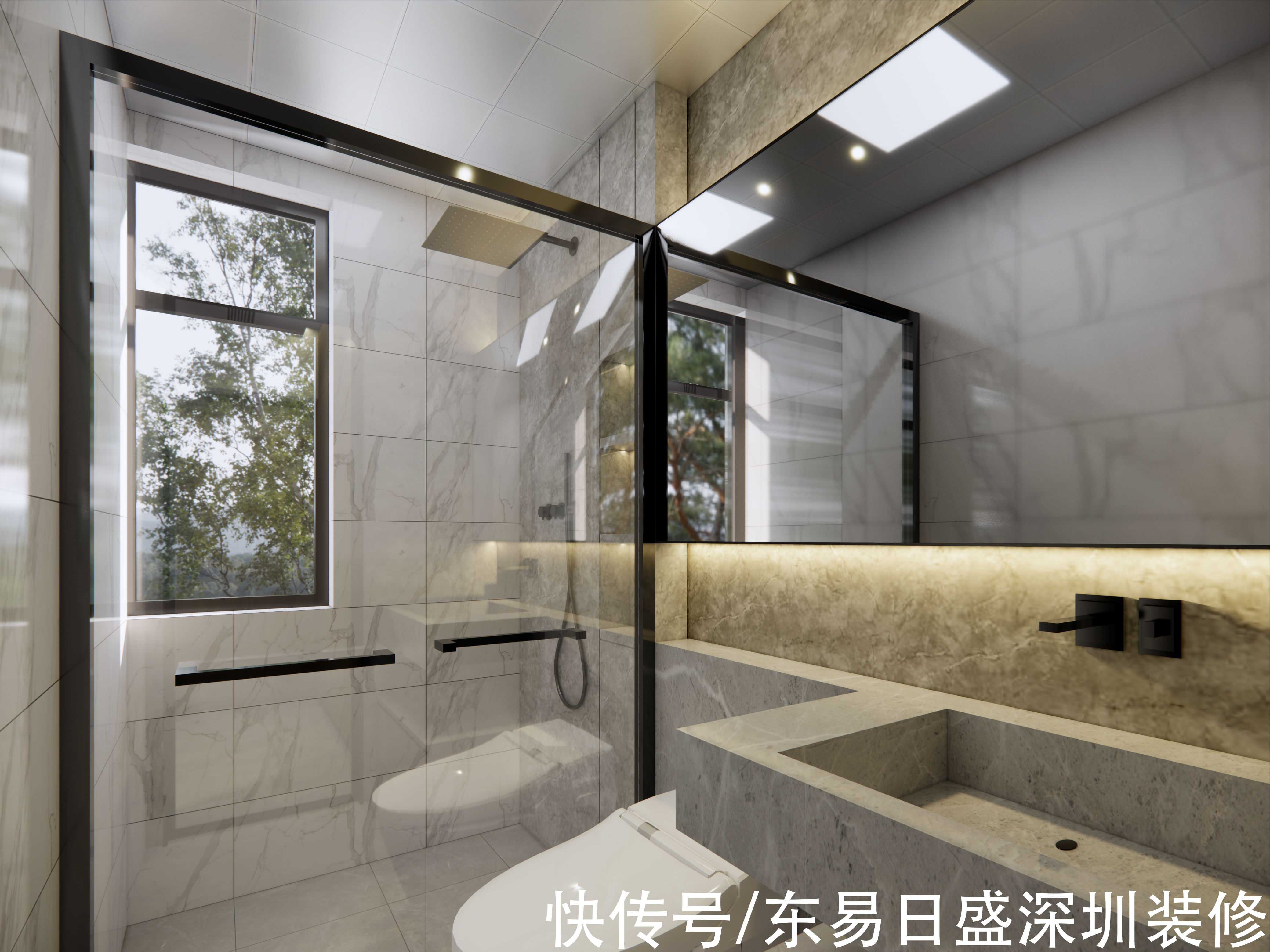 装修|深圳装修：110㎡自建房现代风，客厅整面书柜，电视藏于移门后