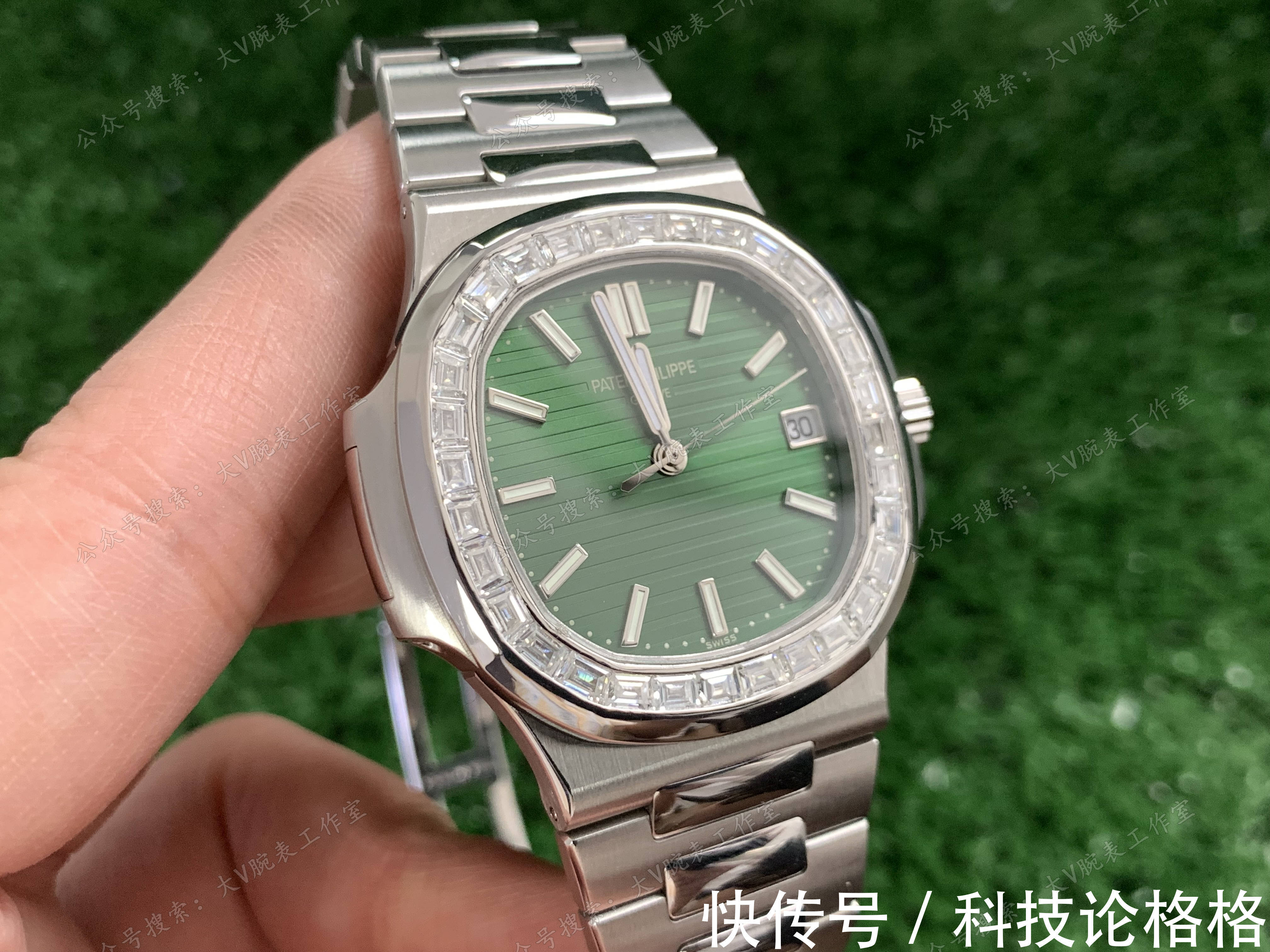 腕表 橄榄绿色盘面鹦鹉螺改装后镶钻圈口,鹦鹉螺5711绿面无损改装后镶钻腕表!